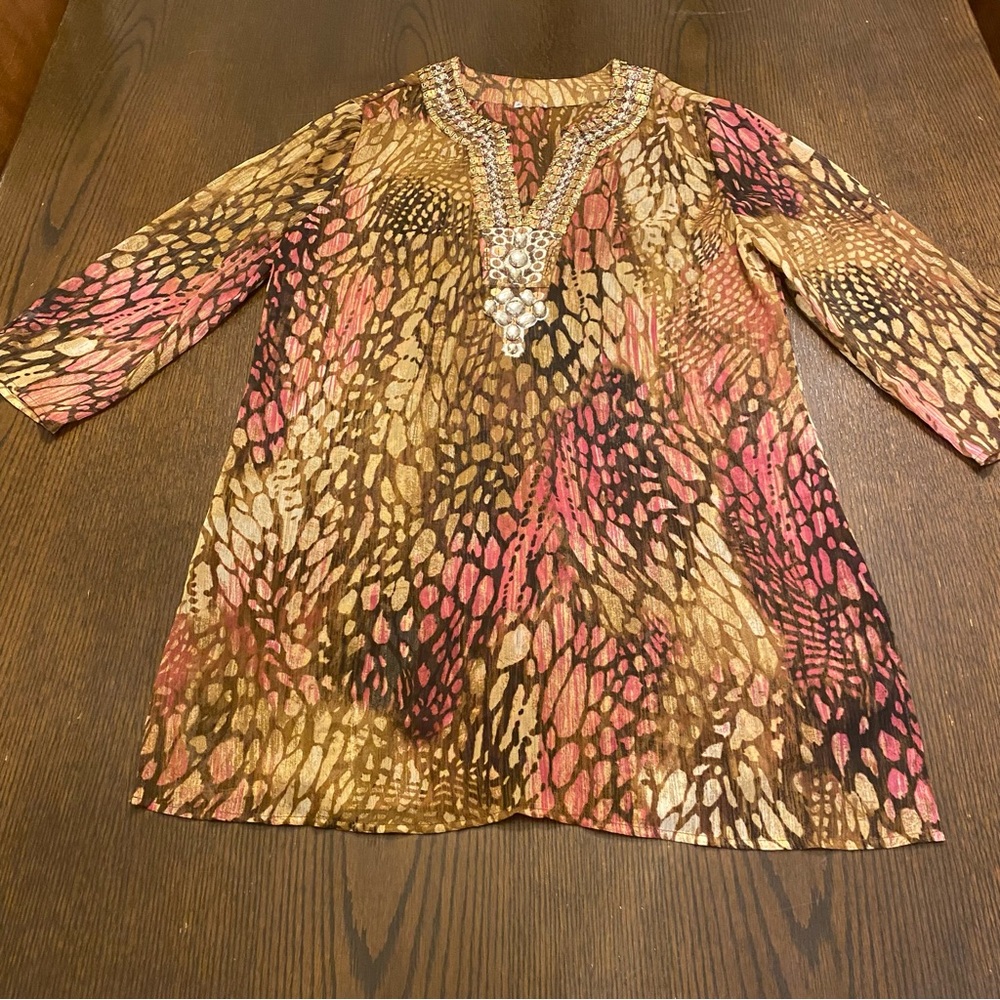 Pink Brown Print Chiffon Sequin Embellished V-neck Tunic Size Medium